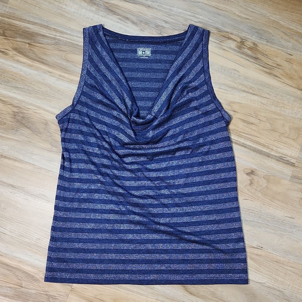 🔺️Converse Blue & Metallic Silver Striped Cowl Neck Sleeveless Top Large
